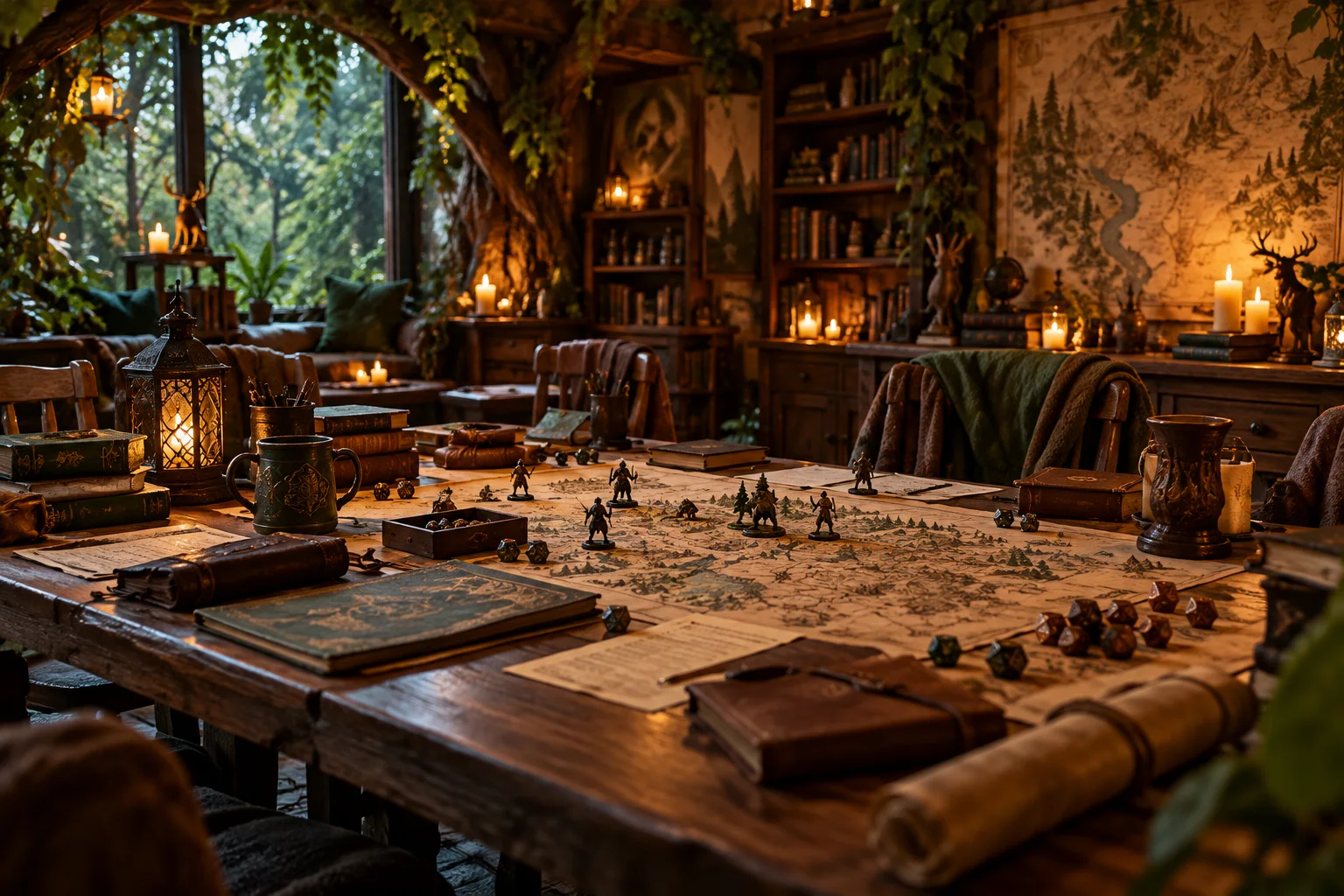 Sala de RPG de mesa com iluminação acolhedora Sala de RPG de mesa com iluminação acolhedora