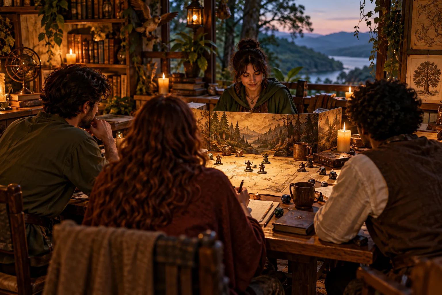 Pequeno grupo de RPG visto de trás
