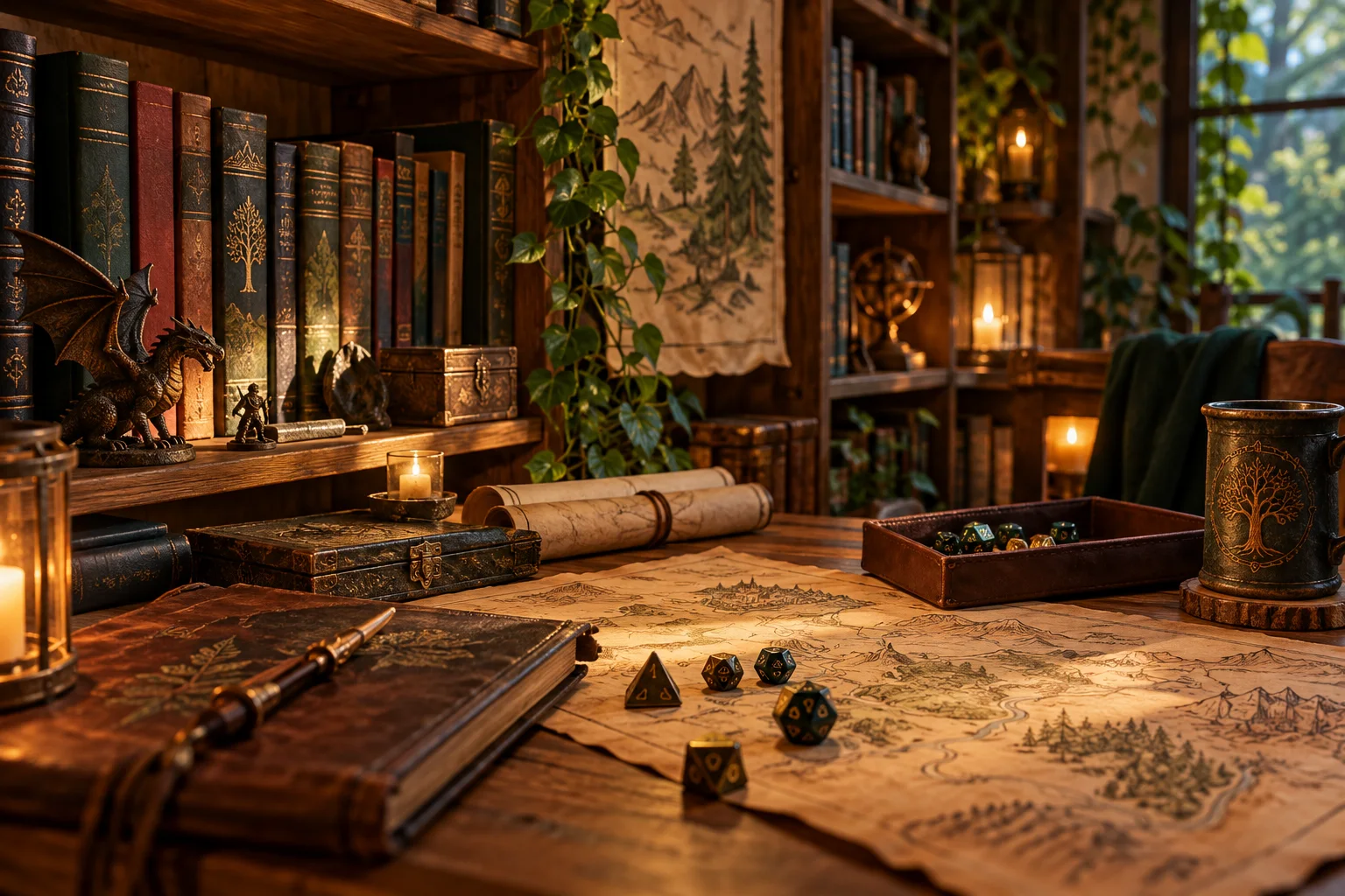 Livros e dados em estantes de madeira